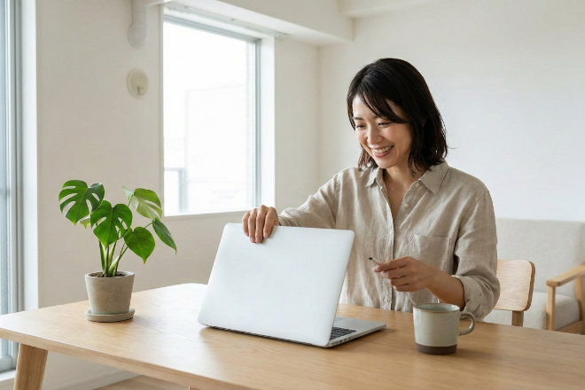 新しいノートパソコンを開き仕事や習い事を始める日本人