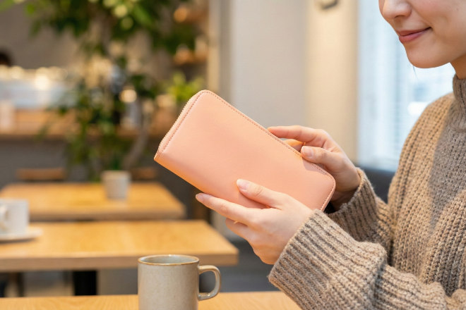 カフェで新しい革財布を嬉しそうに持つ日本人女性の手元