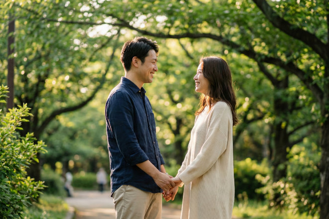 自然の中で寄り添う幸せな日本人カップル、結婚のイメージ