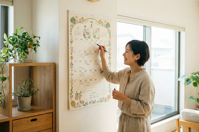 リビングのインテリアに馴染む壁掛けカレンダーと家族の団欒風景