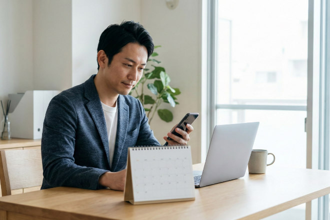 整理されたデスク上の卓上カレンダーと仕事をする日本人男性