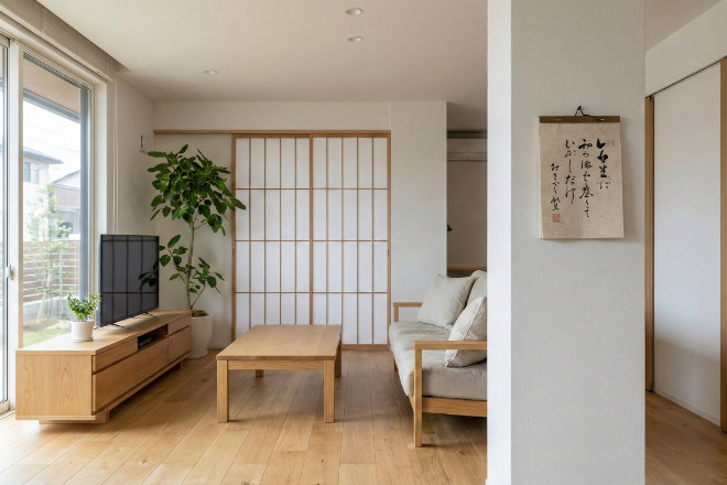 モダンなリビングの柱や壁に掛けられた日めくりカレンダー(サイズ感)