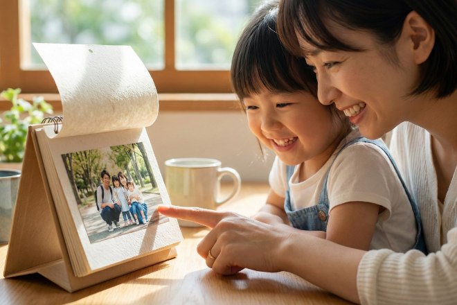 写真を使った手作りの卓上カレンダーを見て微笑む家族