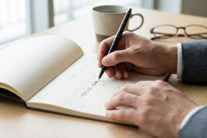 卓上カレンダーにペンで予定を書き込む日本人の手元