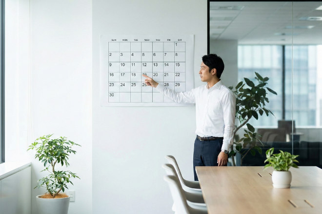 オフィスの壁に掛けられた見やすいカレンダーと確認する日本人男性社員