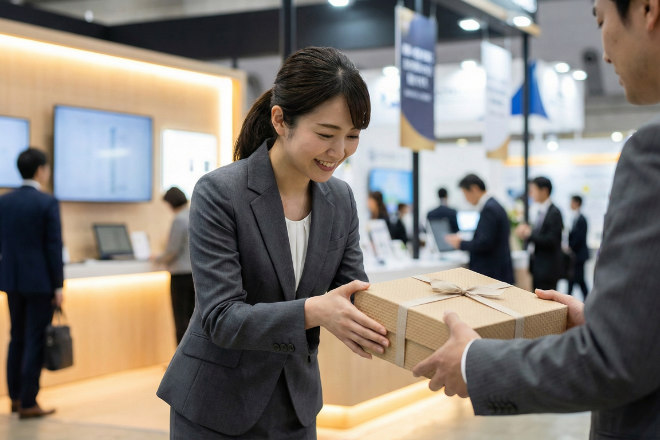 展示会ブースでノベルティのカレンダーを手渡す日本人スタッフ