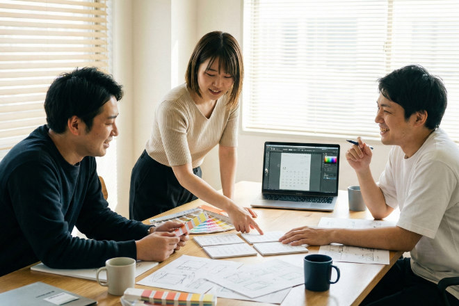 カレンダーのデザイン案やサンプルを囲んで打ち合わせる日本人チーム