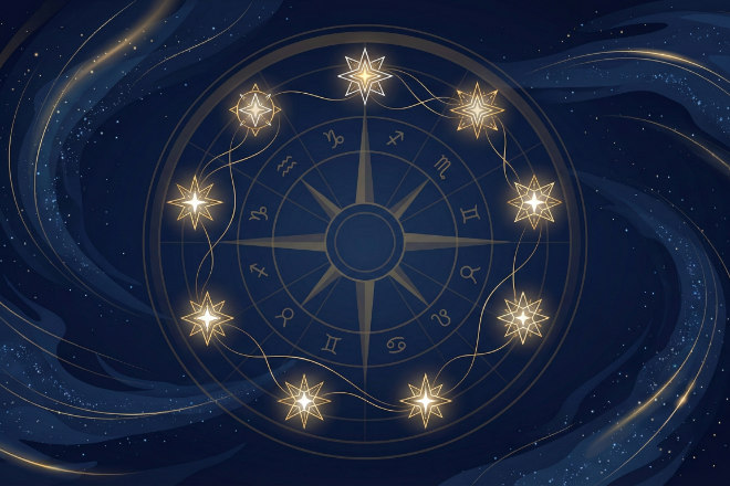 九星気学のイメージとして、美しい星空と日本の伝統的な羅針盤の抽象的な表現