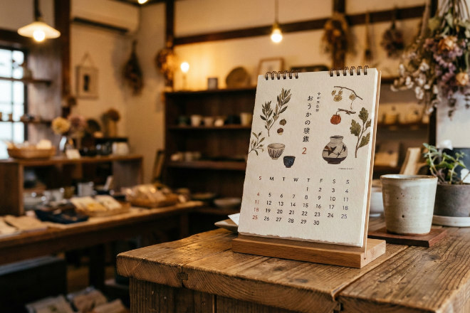 おしゃれな雑貨店のカウンターに置かれたショップオリジナルの卓上カレンダー
