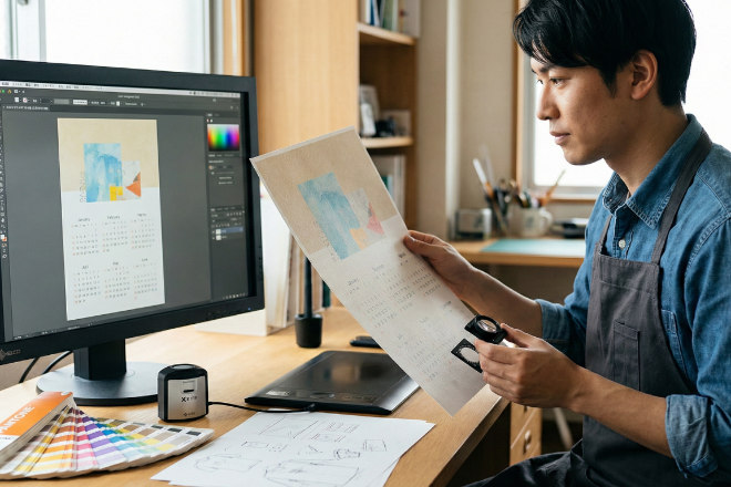 デザイン事務所でモニター上のデータと印刷された色校正を見比べる日本人デザイナー