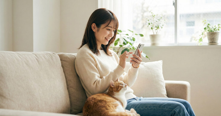 スマホを見ながら楽しそうにペットの写真を選んでいる日本人女性と猫