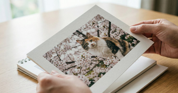 完成したカレンダーをめくる手元と、季節感のあるペット写真のクローズアップ