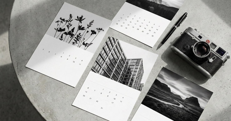 選び抜かれたモノクロ写真（植物や風景）が並ぶカレンダーのデザイン例