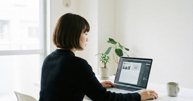 ノートパソコンを開き、モノトーンの部屋でカレンダーを自作する日本人女性