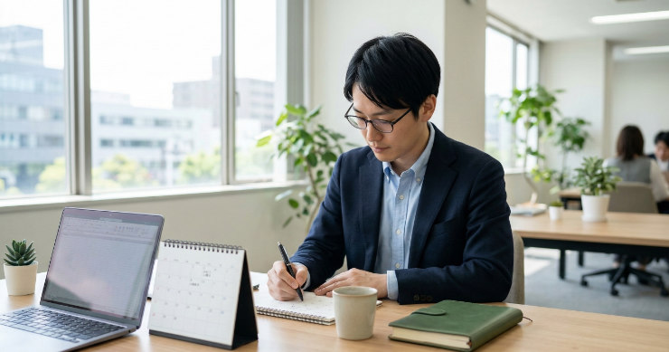 卓上カレンダーに予定を書き込む日本人ビジネスパーソン