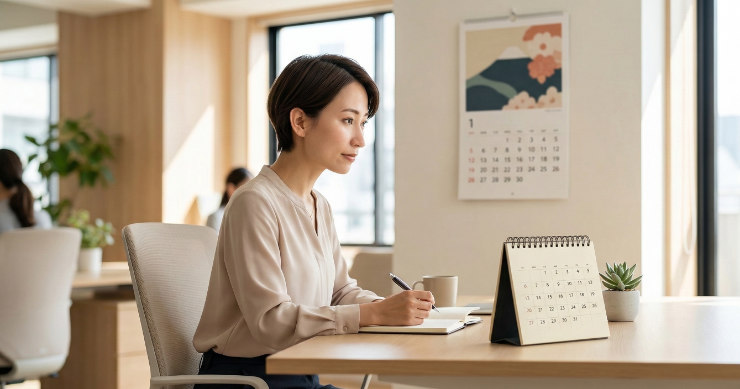 卓上カレンダーと壁掛けカレンダーを比較しているシーン