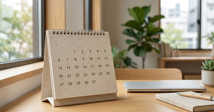再生紙素材のエコカレンダーをデスク上で見せたクローズアップ