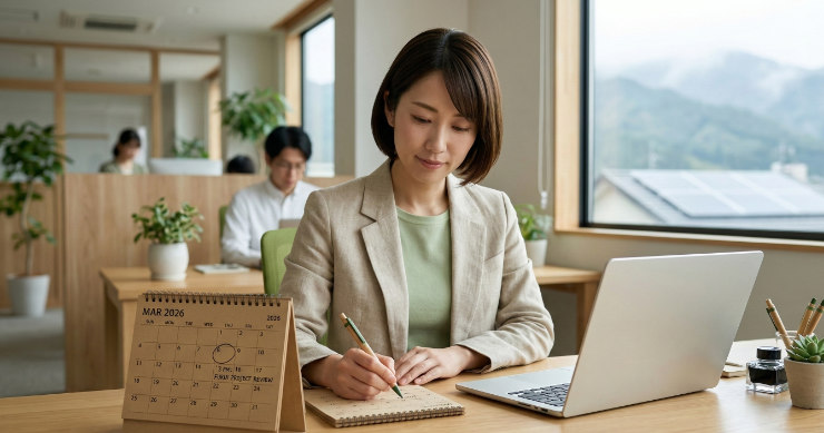 環境配慮型カレンダーを使いながら予定を確認する日本人ビジネスパーソン