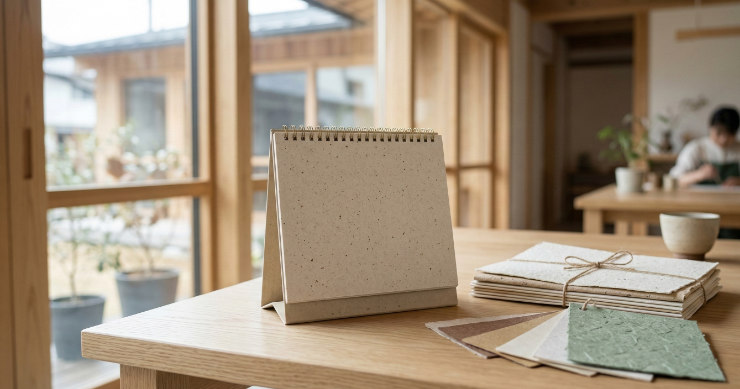 古紙から再生紙へつながるイメージを表現したエコカレンダーの素材写真