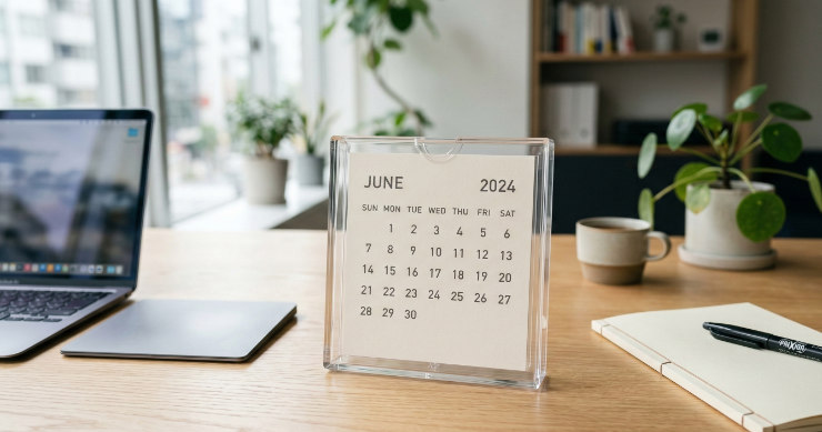 プラスチックケース型の卓上カレンダーのクローズアップ