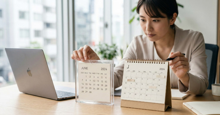 プラケースと紙ケースの卓上カレンダーを並べて比較するシーン