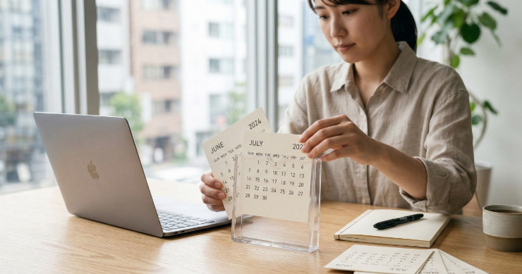 プラケースカレンダーのカードを差し替える様子