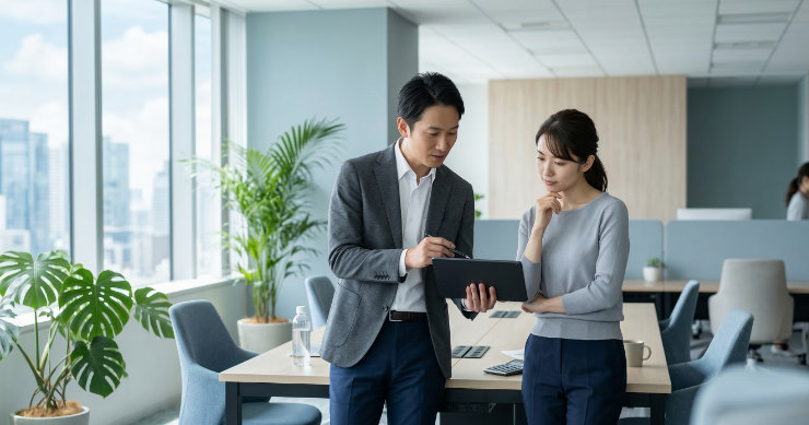 タブレットを見ながらコストについて話し合う日本の男女チーム
