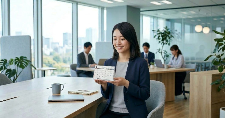 無地のカレンダースタンドを持ち、作業効率化に満足する日本人女性