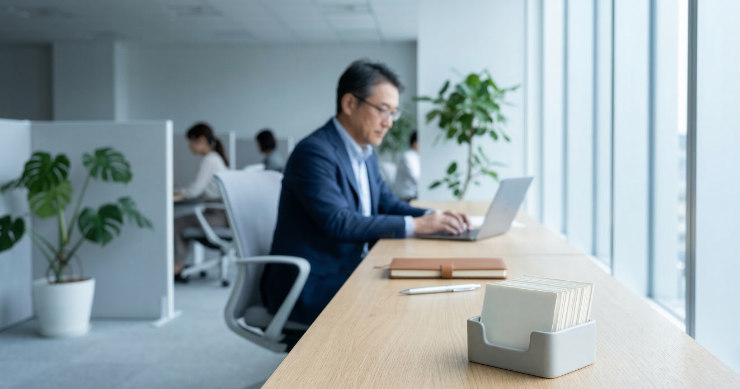 机に並べられたコンパクトな無地のカレンダー用紙と背景のビジネスマン
