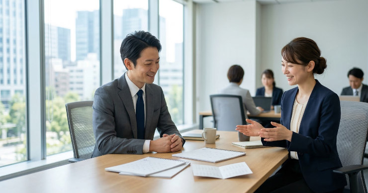 カレンダーの企画がまとまり、笑顔でうなずき合う日本のビジネスパーソン