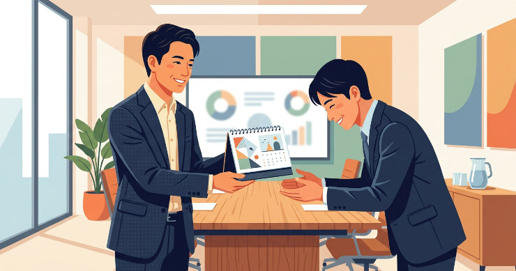 応接室で和やかに周年記念カレンダーを渡すビジネスマンのイラスト