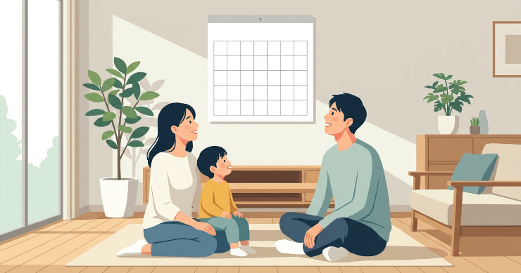 自宅のリビングで壁掛けカレンダーを見ながら談笑する家族のイラスト