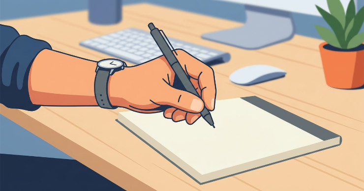 マットな質感のカレンダーにペンで予定を書き込んでいる手元のイラスト