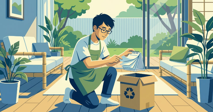 卓上カレンダーの紙とプラスチックケースを正しく分別しているイラスト