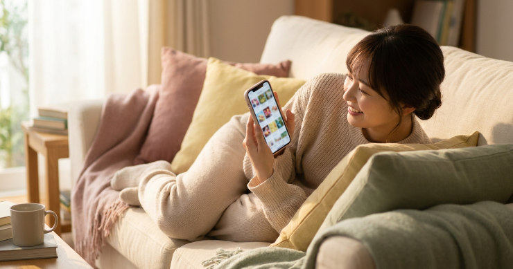 スマホで笑顔でカレンダー用の写真を選んでいる若い母親