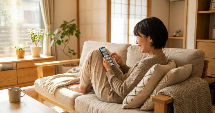 ソファでスマホを見ながら写真の整理をしている若い母親