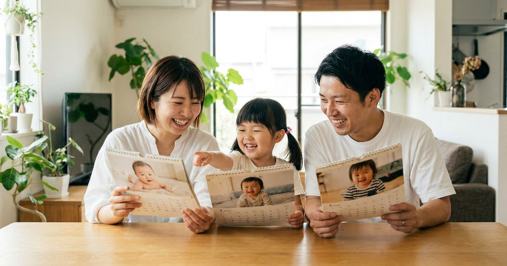 過去の複数のカレンダーを見比べて子どもの成長を喜ぶ家族