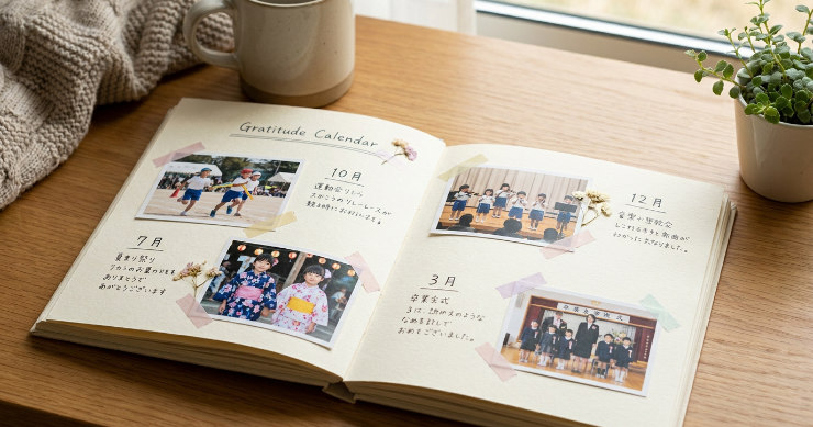 行事ごとの思い出写真を並べたカレンダーデザイン例