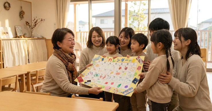 感謝カレンダーを受け取って喜ぶ先生と子どもたち