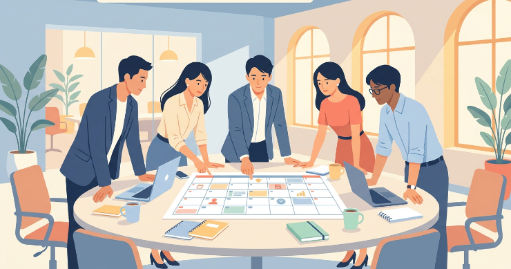 会議室でカレンダーの印刷見本を囲んで確認し合う日本のチームのイラスト