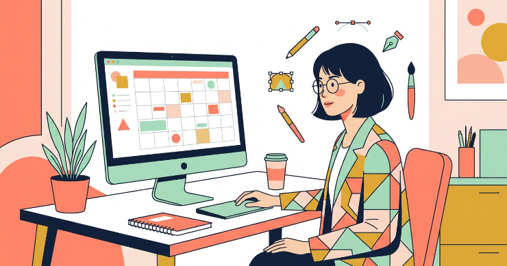 パソコンでカレンダーのレイアウトや余白を調整する日本人デザイナーのイラスト