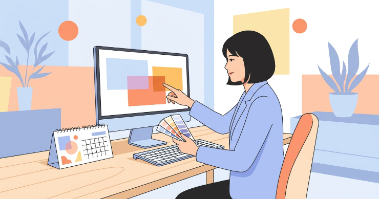 モニター画面の色と印刷された見本の色を見比べる日本のビジネスウーマンのイラスト