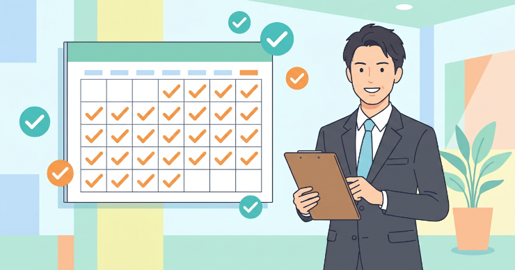 クリップボードを持ち、カレンダーの最終チェックを終えて笑顔の日本人男性社員のイラスト