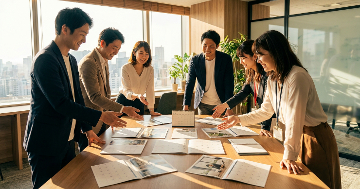 会議室のテーブルに卓上や壁掛けなど複数タイプのカレンダーを並べて選定している日本のビジネスチームの写真