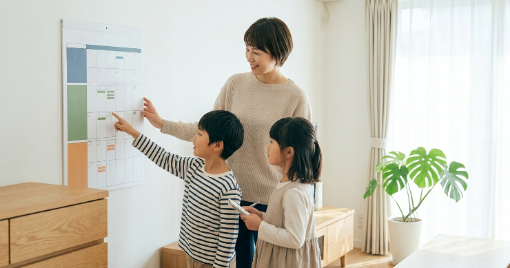 家族全員の予定を壁掛けカレンダーで共有する日本人親子