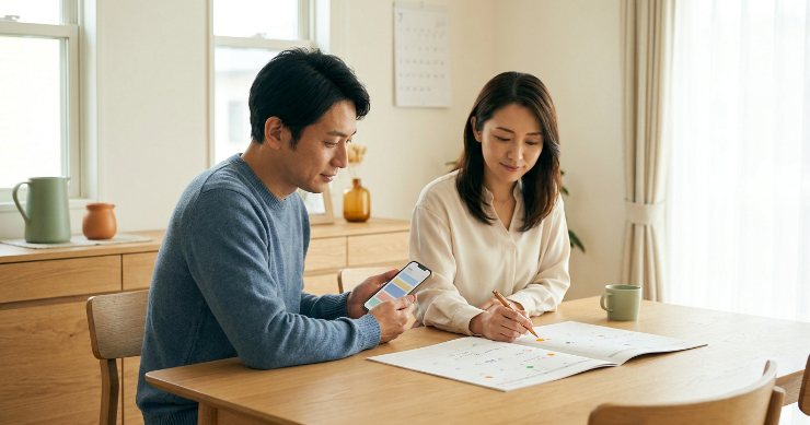 紙の家族カレンダーとスマートフォンで予定を確認する日本人夫婦