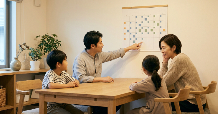 ダイニングで家族カレンダーを見ながら翌週の予定を確認する日本人家族