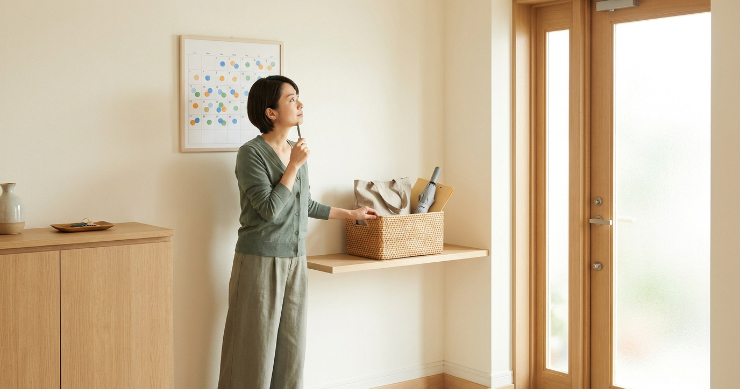 玄関カレンダーを確認して必要な持ち物を手に取る日本人女性