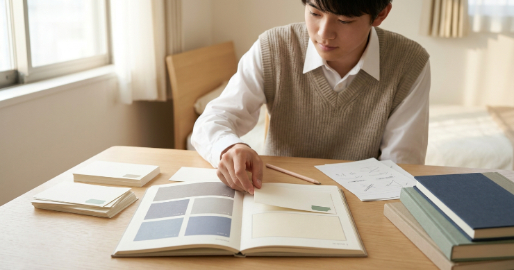 カレンダーを見直して受験勉強計画を修正する日本人高校生