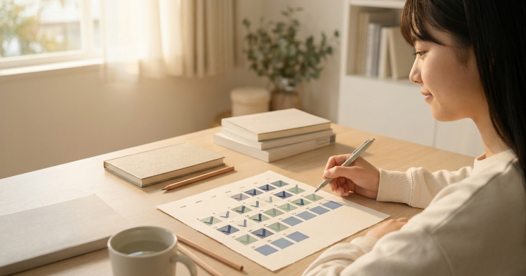 勉強の達成状況をカレンダーで確認する日本人受験生